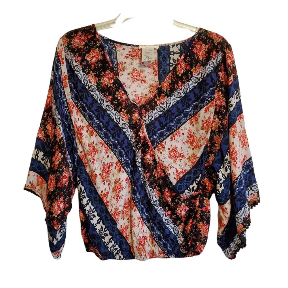 INTU Floral Mix Print Faux Wrap Boho Peasant Blouse